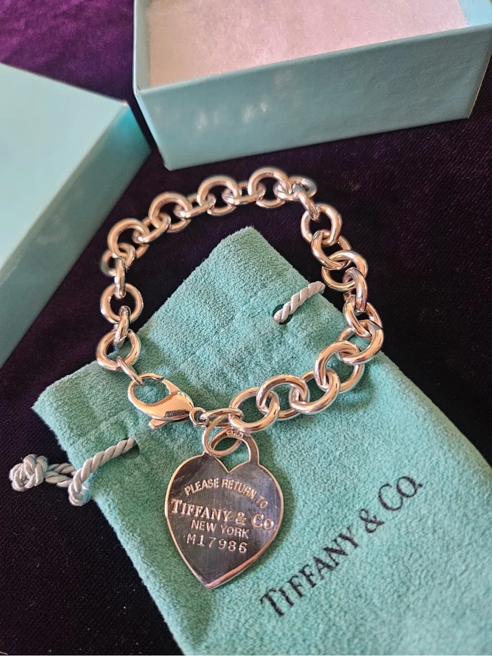 Tiffany & Co. Sterling Silver Heart Tag Link Bracelet with Blue Pouch - Picture 5 of 9